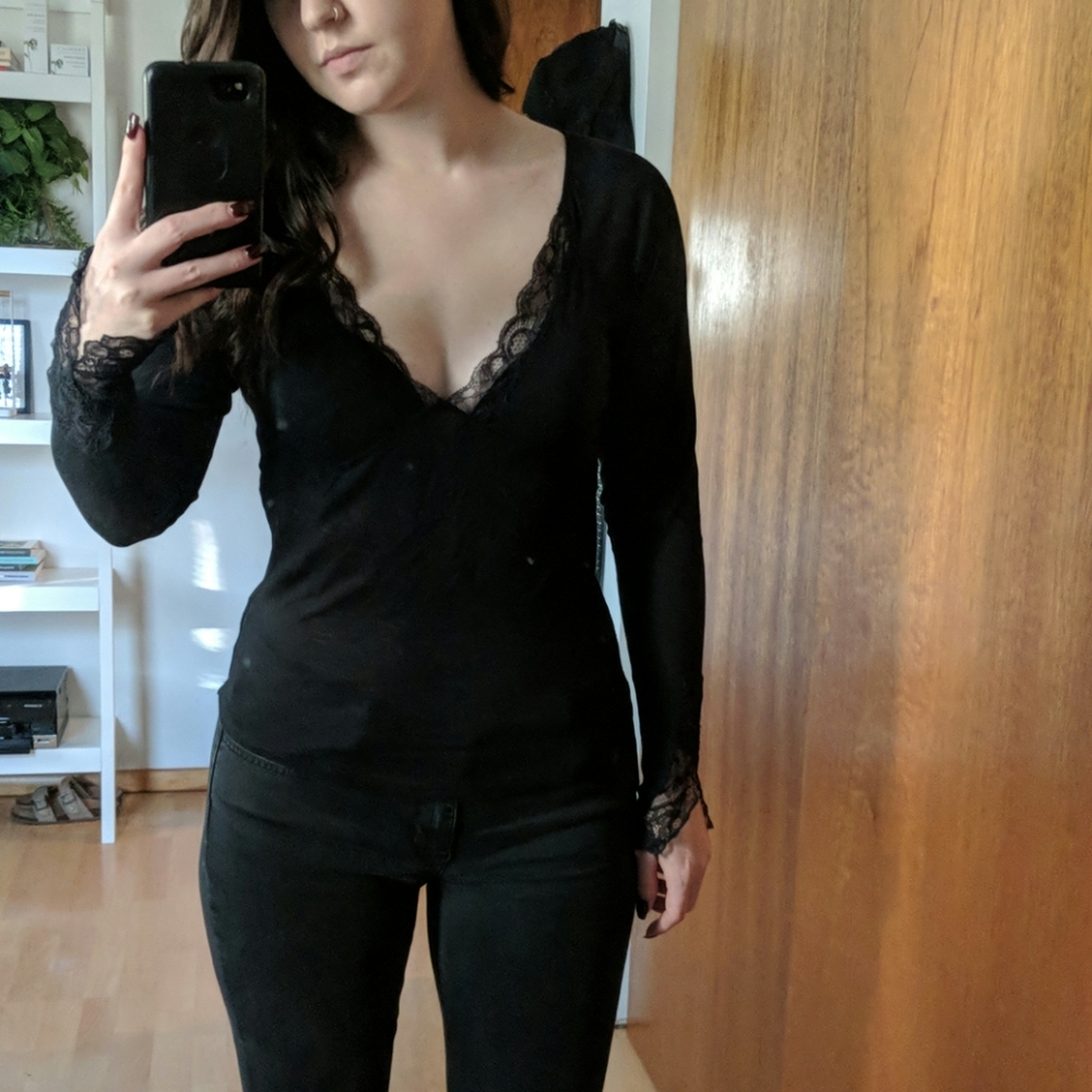 Free People Black Lace V-neck Shirt